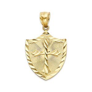 Solid Gold Cross Shield Pendant: 14k Diamond Cut Religious Charm